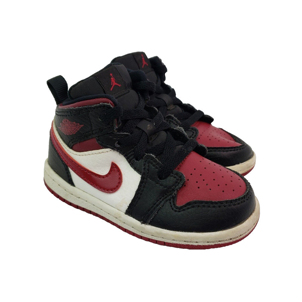 Nike Air Jordan 1 Mid Boy Size 7C Black Fire Red White Sneakers Shoes 640735 066